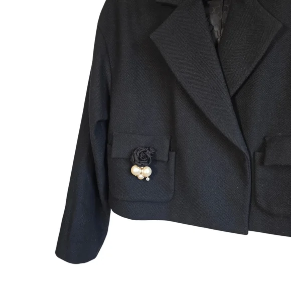 Pink Tartan Cropped Wool Jacket Black Embellished Blazer XS - Picture 4 of 13